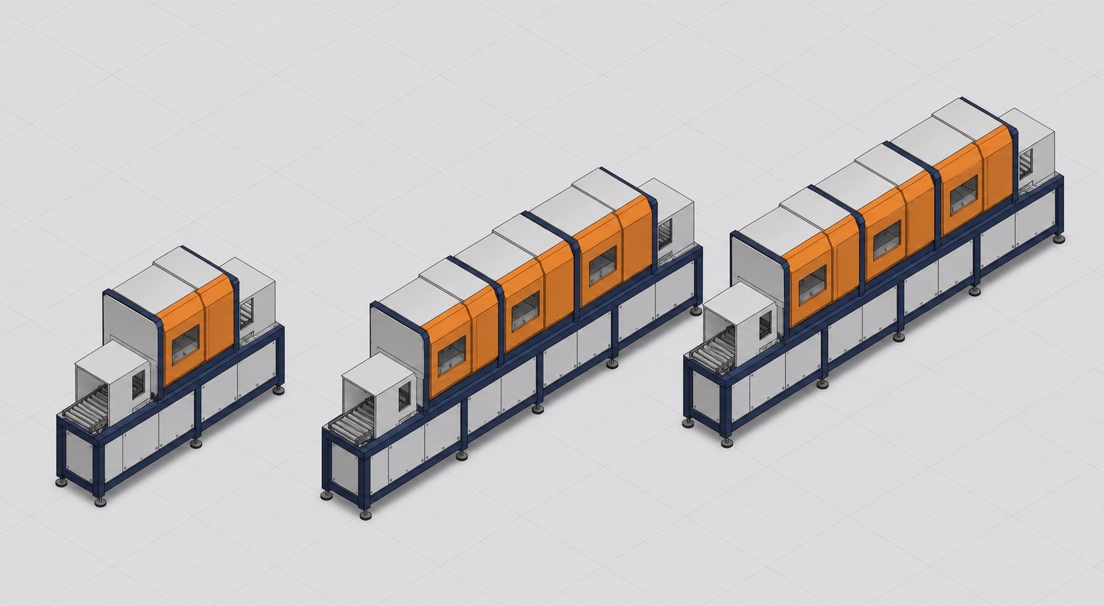 Drei CAD-Varianten derselben modularen Maschine
